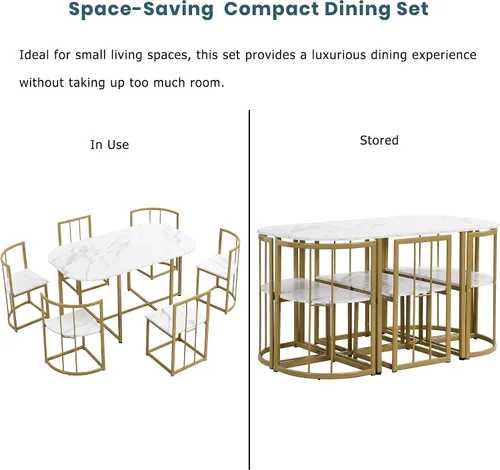 Vista 4 de Quarte Moderno juego de mesa de comedor de 7 piezas con mármol sintético, juego de mesa de cocina de metal compacto, diseño de silla triangular