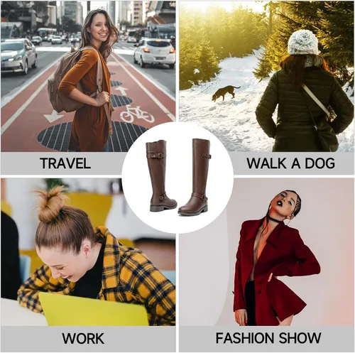 Vista 4 de SelenePair Botas altas hasta la rodilla para mujer, botas de tacón bajo y elásticas, punta redonda, con cremallera lateral, botas de invierno