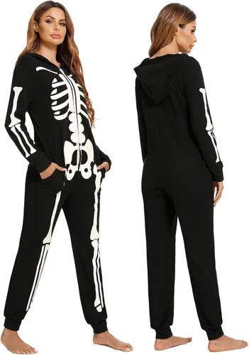 Vista 3 de Veseacky Conjunto de pijamas familiares a juego con diseño de esqueleto que brilla en la oscuridad, overol de Halloween con capucha y cremallera