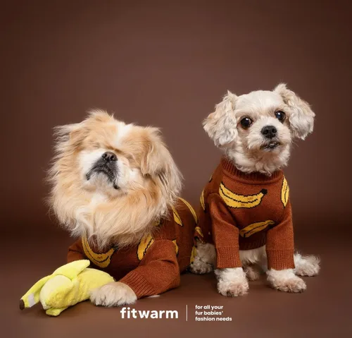 Vista 4 de Fitwarm Suéter de plátano para perro, ropa térmica de invierno para perros pequeños, niños y niñas, atuendo para mascotas, marrón, amarillo, XS