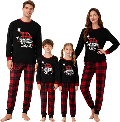 Vista 49 de Awoscut - Conjunto de pijamas navideños a juego, con estampado en la parte superior y pantalones a cuadros #B-7