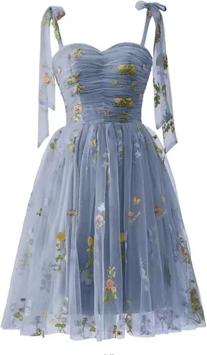 Vista 11 de Fivsole Vestido corto con bordado de flores para adolescentes, vestido de tul con tirantes delgados, mini formal, cóctel, fiesta de noche, vestidos