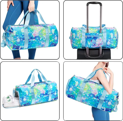 Vista 6 de BLUBOON Bolsa de lona para niñas y niños, bonita bolsa de gimnasio con compartimento para zapatos y separación húmeda, impermeable, bolsa de viaje