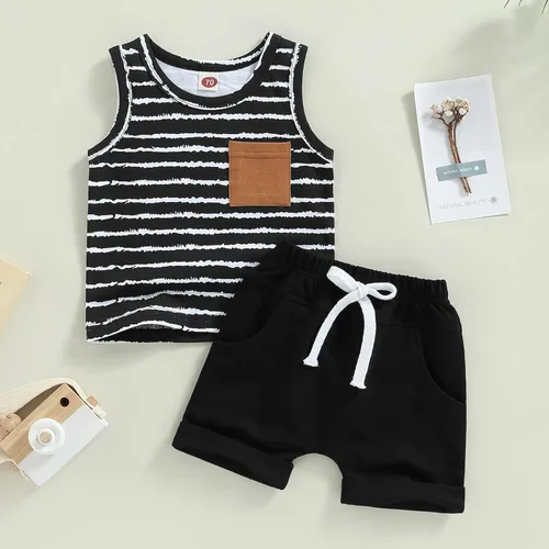 Vista 2 de Conjunto de ropa de 2 piezas con bolsillo a rayas y cordón enrollado para bebé niño