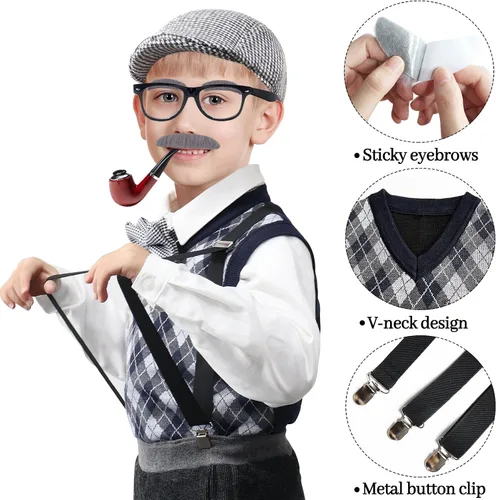 Vista 3 de Axwcon Kids 100 Days of School Costume Boys-Halloween Grandpa Old Man Costume with Accessories for 100th Day of School Party
