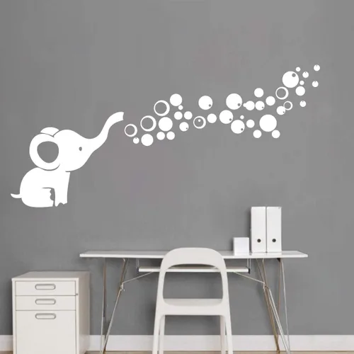 Vista 5 de Calcomanía de pared con burbujas que soplan elefantes, adhesivo de vinilo extraíble para guardería (gris)