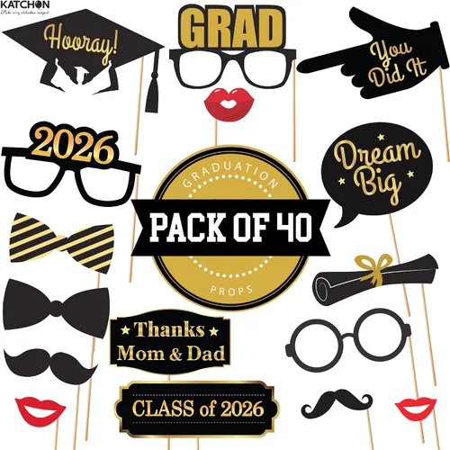 Vista 3 de KatchOn, Accesorios para cabina de fotos de graduación – Paquete de 40 Accesorios de fotos de graduación negro y dorado, decoraciones