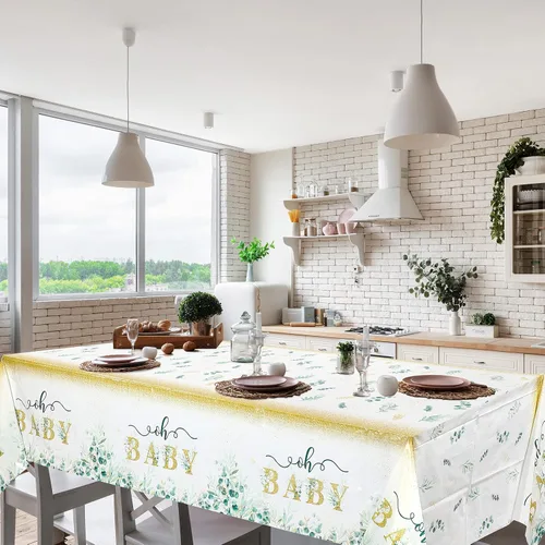 Vista 7 de Tiamon Mantel de 3 piezas de verde salvia para baby shower, 108 x 54 pulgadas, desechable, hojas de eucalipto, mantel rectangular de plástico verde