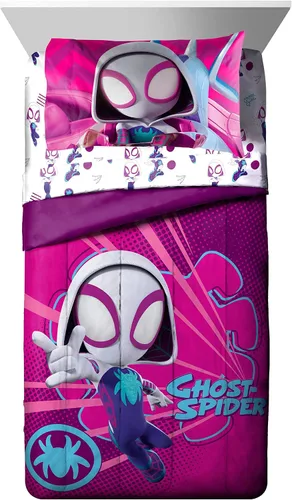 Vista 2 de Marvel Spidey & His Amazing Friends Ghost Spider Gwen - Juego de ropa de cama individual de 5 piezas, incluye edredón y juego de sábanas, microfibra
