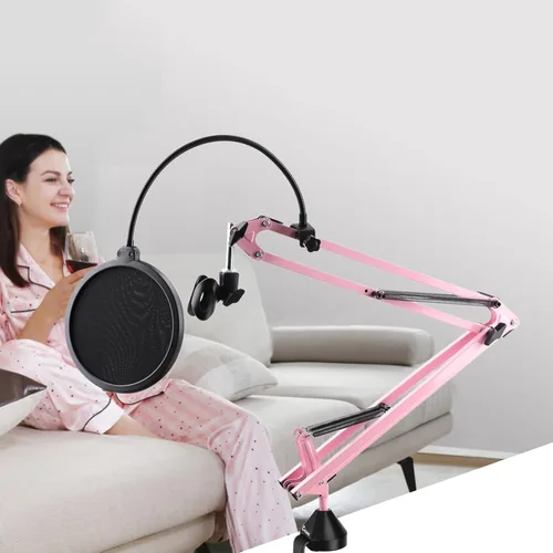 Vista 6 de Brazo de brazo de brazo de micrófono de suspensión resistente Tijera soporte de micrófono Shock Mount & Pop Filter, Adjustable Desk Clamp, Blue
