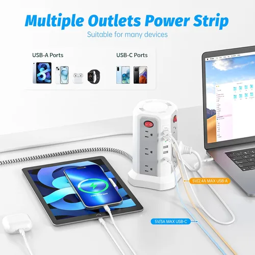 Vista 3 de Regleta de alimentación de torre con PD20W USB C, estación de carga de cable de extensión de escritorio de 6 pies con 12 tomas de corriente alterna