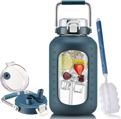 Vista 25 de BLUEGO Botella de agua de vidrio de 64 onzas con mango de acero inoxidable, botella de agua grande con marcadores de tiempo y funda de silicona Ámbar
