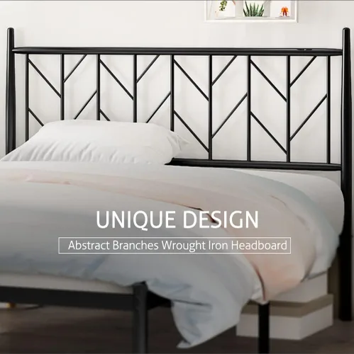 Vista 4 de SHA CERLIN Base de cama de metal con cabecera vintage, plataforma resistente con postes redondos, 12 pulgadas debajo de la cama para almacenamiento