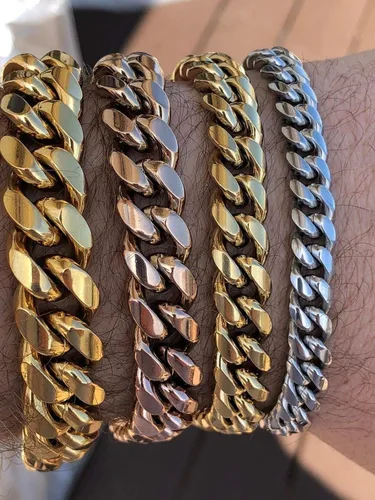 Vista 2 de HarlemBling Pulsera cubana de Miami para hombre, 0.315-0.709in, eslabones cubanos pesados de 14 quilates de 18 quilates de oro amarillo o rosa sobre