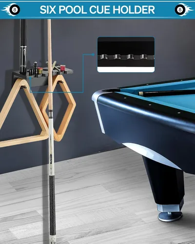 Vista 4 de EXTCCT - Soporte de pared para taco de billar, 6 tacos, color negro Solid Oak Hardwood Pool Cue Set Holder For Sticks Storage. Essential Pool