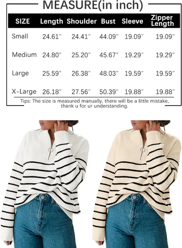 Vista 5 de LILLUSORY Suéter de punto con cuello de rayas con cremallera de un cuarto para mujer, ropa cálida de punto para invierno 2023 a la moda