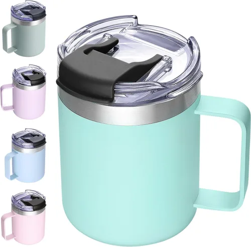 Vista 23 de Taza de café aislada de 12 onzas con asa, taza de café de viaje de acero inoxidable con tapa abatible, vaso de café de doble pared con aislamiento
