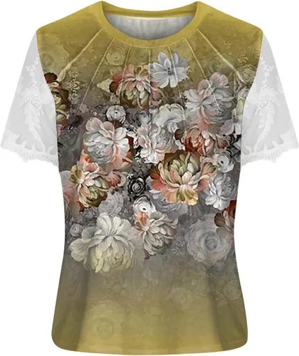 Vista 2 de Camisetas de manga corta para mujer, blusas de cuello redondo de manga corta con estampado de encaje plisado