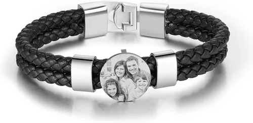 Vista 7 de Pulsera de cuero personalizada para hombre, grabada con nombre, imagen, foto, cuerda trenzada para papá, marido, abuelo, novio