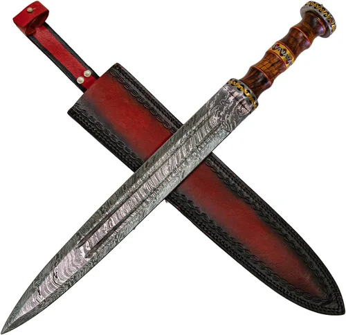 Vista 9 de Armory Replicas™ Hand-Forged Damascus Roman Gladius Sword with Leather Sheath – Collector & Reenactment Ready