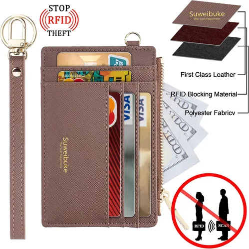 Vista 4 de Wikavanli Funda delgada para tarjetas de crédito con bloqueo Rfid para mujer, cartera con cremallera, cartera pequeña y compacta de cuero