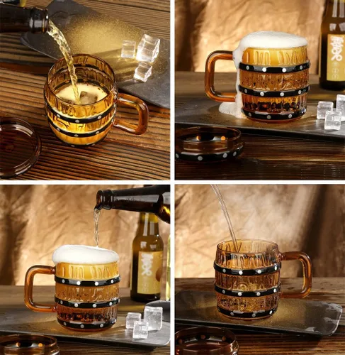 Vista 5 de Vaso de madera en forma de barril de vidrio taza de cerveza con forma de barril de vidrio con tapa