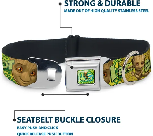 Vista 4 de Buckle-Down Collar de perro Hebilla de cinturón de seguridad Baby Groot Pose Face I Am Groot Browns Greens Amarillos 9 a 15 pulgadas 1.0 pulgadas