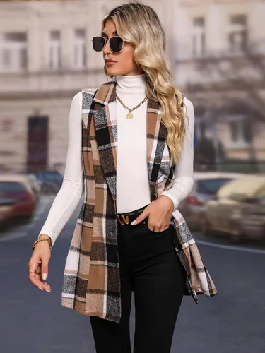 Vista 5 de GORGLITTER Chaleco sin mangas con botones y estampado a cuadros para mujer