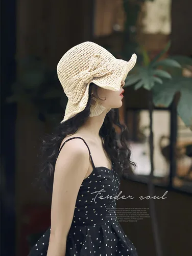 Vista 9 de Sombrero plegable de ala ancha con pajilla, sombrero de verano con lazo para mujeres y niñas, correa ajustable