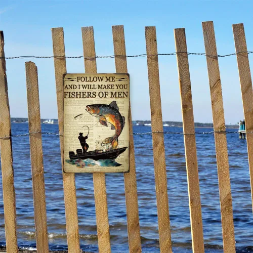 Vista 6 de SUPERDANT Letreros de estaño de pesca con texto en inglés "Follow Me And I Will Make You Fishers Of Men