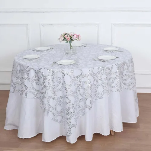 Vista 2 de Efavormart - Superposición de mesa de tul bordado de hojas de lentejuelas plateadas de 72 x 72 pulgadas, mantel cuadrado transparente Plateado