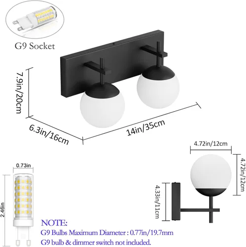 Vista 6 de Ralbay Lámpara de pared de baño negra mate, 2 luces, iluminación moderna de mediados de siglo, luz de tocador de globo de vidrio lechoso negro