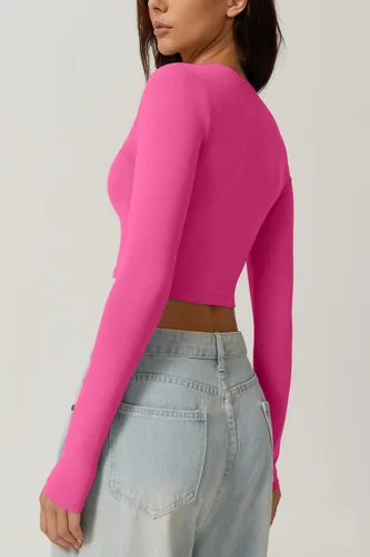 Vista 4 de QINSEN Camiseta corta sexy de manga larga con cuello cuadrado para mujer