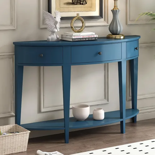 Vista 6 de Polibi Mesa consola Half Moon, mesa de entrada con cajón y estante, patas ajustables, diseño rústico vintage, mesa de sofá para entrada, sala