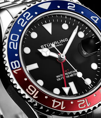 Vista 2 de Stuhrling Original Pulsera Jubilee de acero inoxidable para hombre, reloj GMT de cuarzo, doble hora, fecha rápida con corona de tornillo, resistente