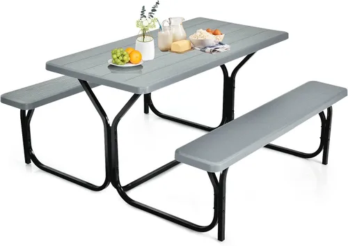 Vista 10 de ORALNER Mesa de picnic, mesa de comedor de resina y 2 bancos, mesa de grano de madera resistente a la intemperie y marco de acero, mesas de picnic