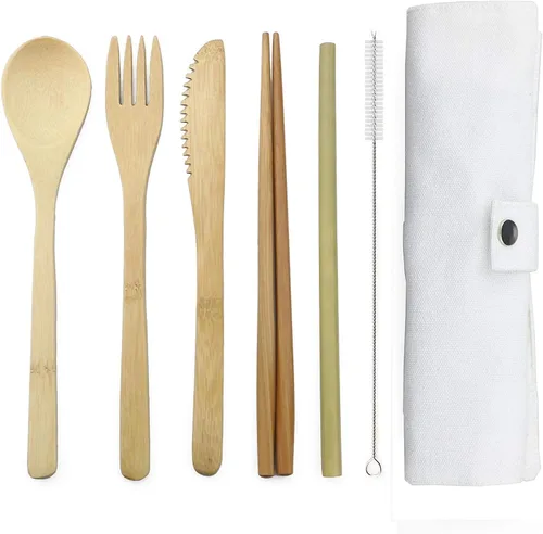 Vista 5 de JASHII Juego de cubiertos de bambú para viaje, incluye cuchillo reutilizable, tenedor, cuchara, palillos, popotes y cepillo (beige)