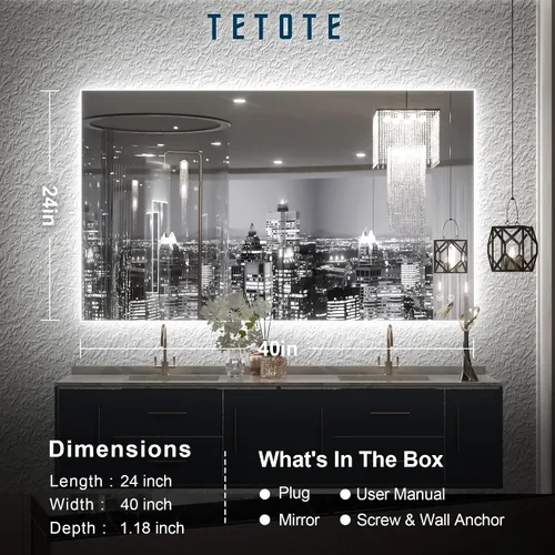 Vista 5 de TETOTE - Espejo retroiluminado para baño con luz, botón táctil regulable y función antivaho (horizontal o vertical)