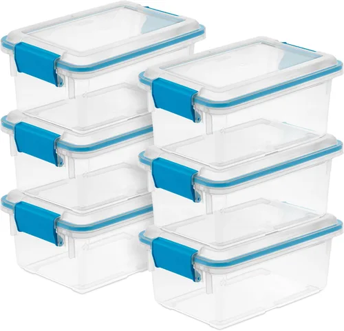 Vista 35 de Sterilite 19414306 - Caja de almacenamiento de plástico transparente de 7.5 cuartos y tapa con pestillos azules
