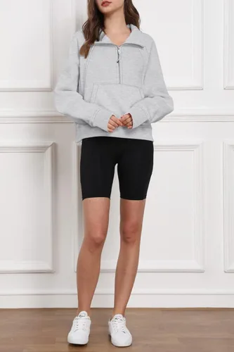 Vista 5 de Trendy Queen Sudadera corta con cremallera media para mujer, sudadera con capucha de forro polar con cremallera de un cuarto, suéter de invierno