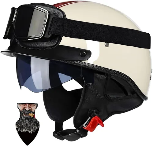 Vista 9 de Casco Moto Retro Vintage Jet Medio para Hombre y Mujer Adultos, DOT Homologado, Ventilación Dual, Visera Retráctil y Desmontable, Apto para Patinete