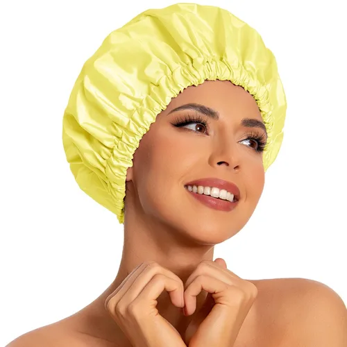 Vista 10 de Gorro de ducha reutilizable para mujer, grande, impermeable, lavable, banda elástica, accesorios de baño, sombrero para cabello largo, trenzas Beige