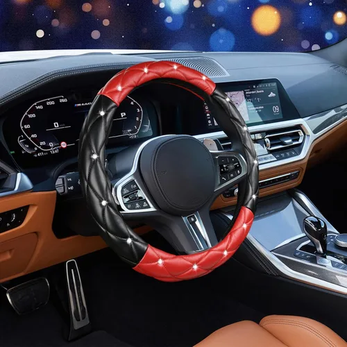 Vista 2 de SuperKaKa Funda para volante negra y roja, accesorios de interior de automóvil de estilo diamante con brillo lindo y cómodo, protector brillante que