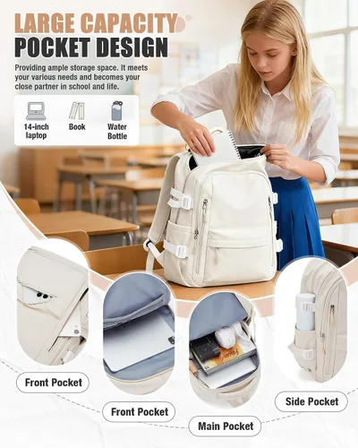 Vista 4 de BOXSAM Mochila ligera para mujer, mochila grande de viaje para laptop, mochila informal para la universidad, mochila para hombres, color beige
