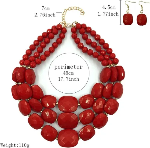 Vista 2 de Collares de cuentas de 3 capas para mujer, hecho a mano, acrílico, rojo, collar bohemio, grueso, joyería de disfraz