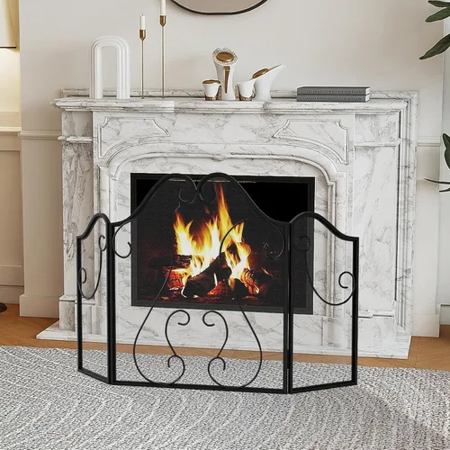 Vista 2 de Tangkula Pantalla de chimenea de 3 paneles, cubierta plegable de protección contra chispas con pergamino decorativo, puerta de chimenea