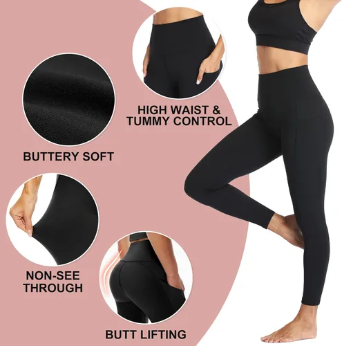 Vista 3 de NexiEpoch Paquete de 4 leggings para mujer con bolsillos, cintura alta, control de abdomen para entrenamiento, correr, yoga, talla regular y grande
