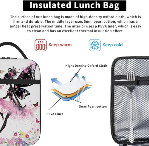 Vista 5 de Bolsa de almuerzo para niños con diseño de mariposas y flores con aislamiento térmico para niños y niñas, para el regreso a la escuela