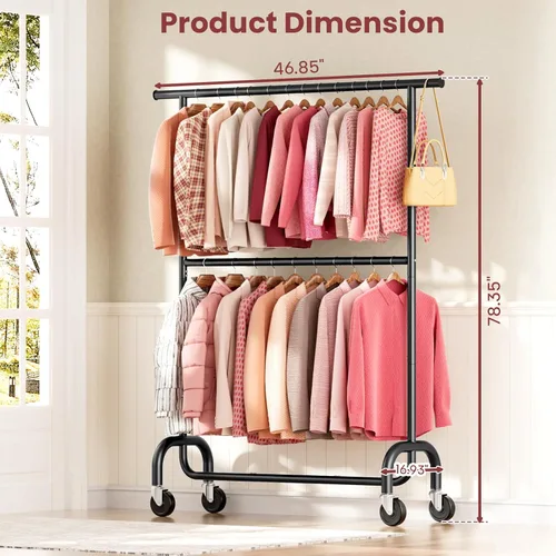 Vista 2 de Perchero resistente para dormitorio, perchero con ruedas de altura ajustable de 6 niveles, ruedas con bloqueo, perchero portátil para sala de estar