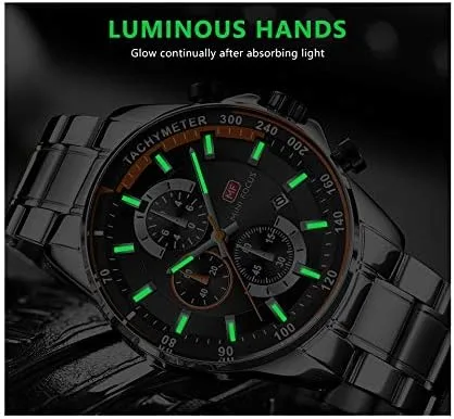 Vista 8 de MF MINI FOCUS Reloj cronógrafo de cuarzo para hombre, pulsera de eslabones de acero inoxidable, resistente al agua, luminoso